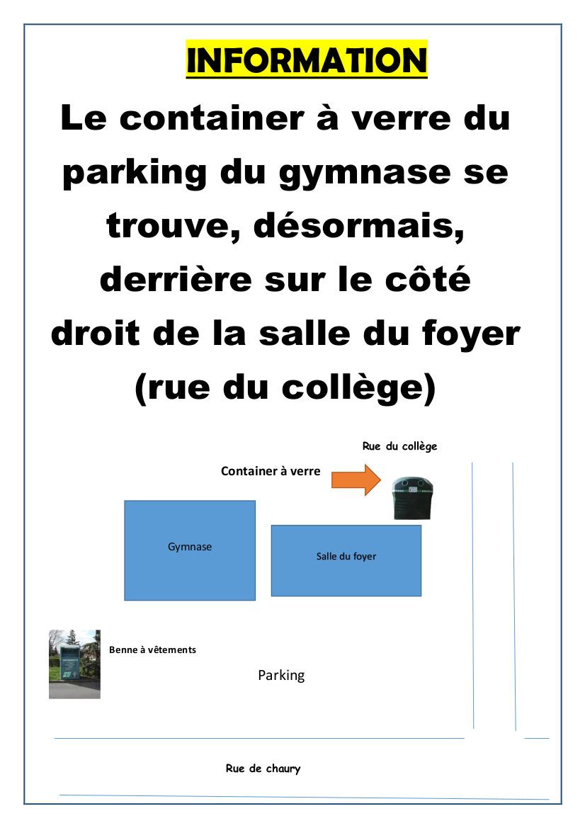 Information importante : le container à verre du gymnase déménage